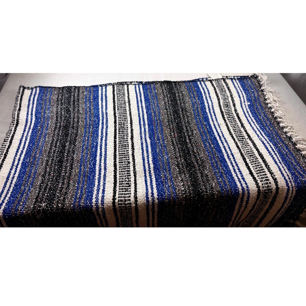 Authentic‎ Falsa Blanket Blue White Striped Mexican Style Reclaimed Fiber Throw